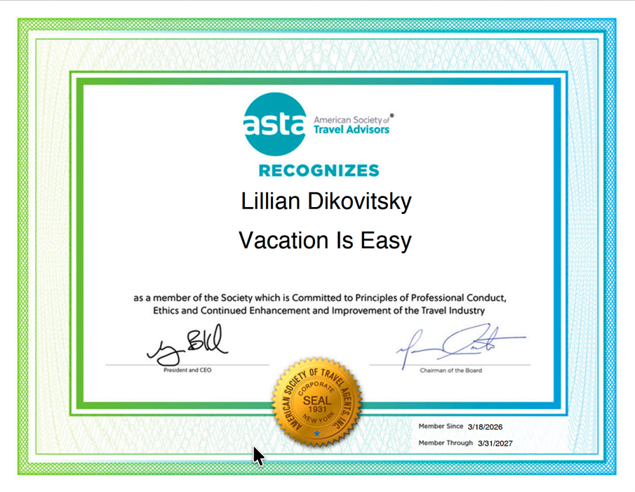 Lillian Dikovitsky travel advisor, ASTA.
